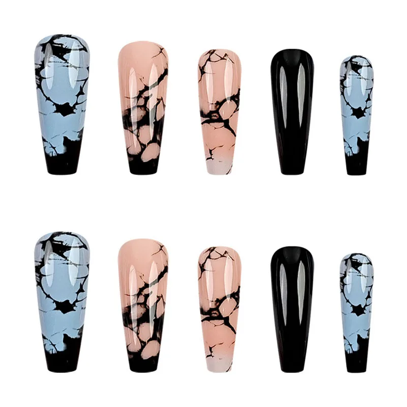 24 pièces de longs ongles carrés à pression, veines de marbre bleu noir sur base noire solide |   Style gothique moderne
