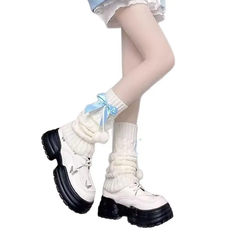 Jambières tricotées pour femmes, automne hiver, manches longues chaudes en mollet avec nœud et boule de fourrure, chaussettes hautes mignonnes, manchettes de bottes