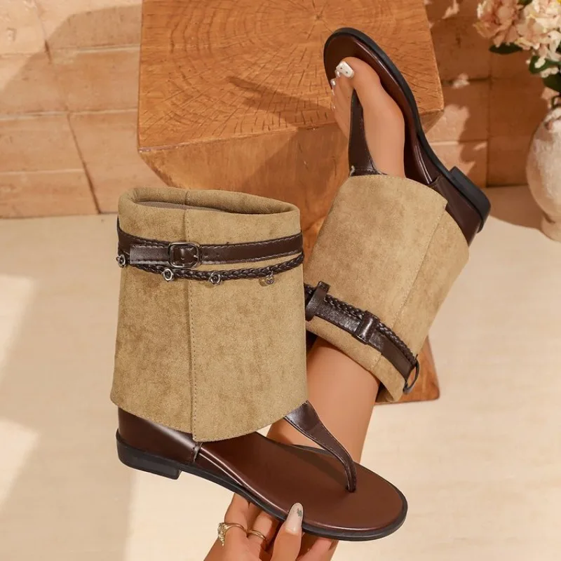Women's Sandals Open Toe Flat Heel Suede-Look Shaft Thong Strap Buckle Charm Accent Casual Daily Summer Outdoor Walking Footwear