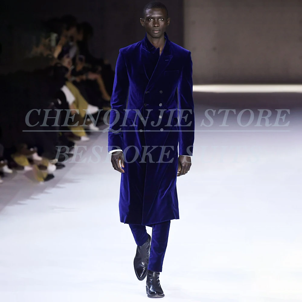 

Модные бархатные мужские костюмы высокого качества, двубортный длинный пиджак с пиковыми лацканами, индивидуальный комплект из двух предметов, куртка и брюки, костюм