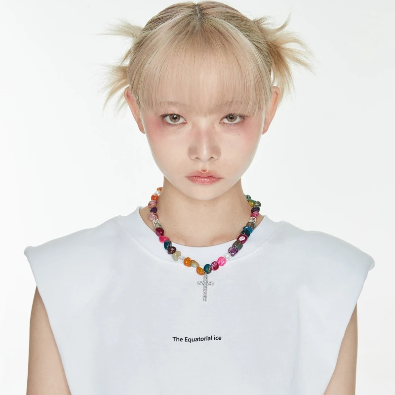 

Y2K Hip Hop Punk Cross Necklace Titanium steel Natural Colorful Lucky Stone Necklace For Women Girl Men Rapper Party Jewelry