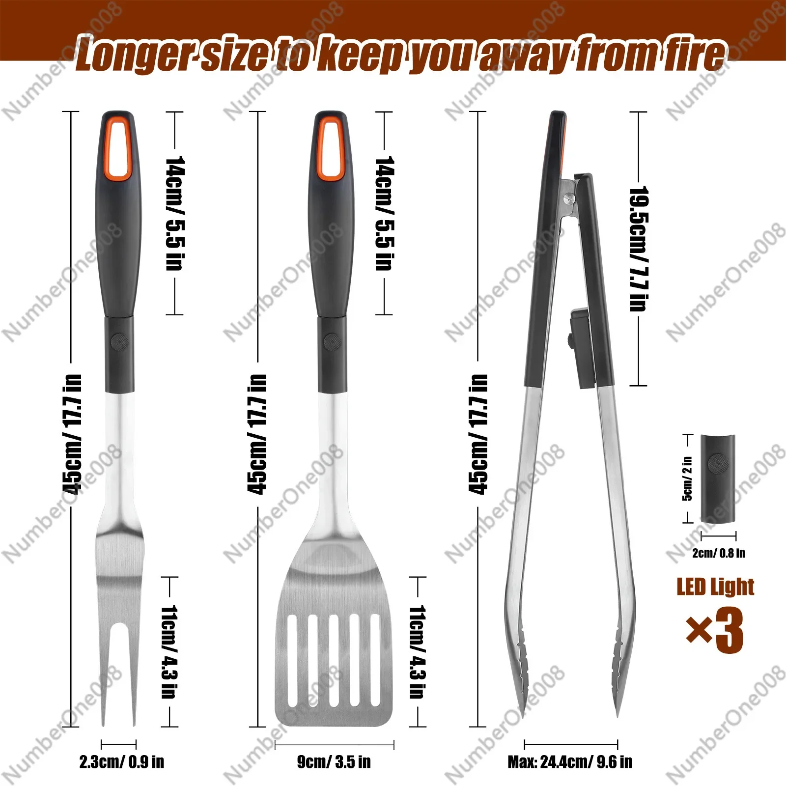 BBQ Stainless Steel Barbecue Fork and Shovel Clip with LED Light Removable and Washable Three-piece Accessories Barbecue Tools