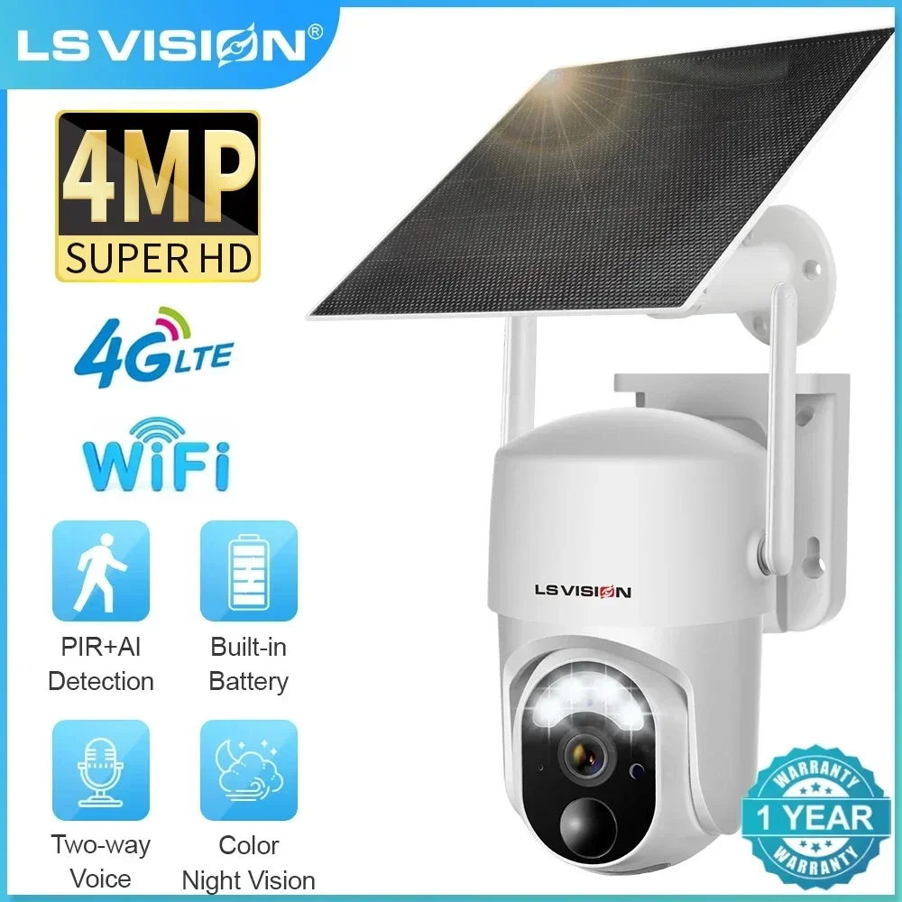 LS VISION 5W 4G Solar Camera 4MP UHD WiFi Outdoor PIR Human Detection Wireless Surveillance IP Cameras with Rechargeable Battery