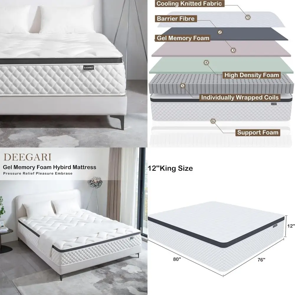 Espuma viscoelástica gel king size de 12 polegadas e colchão híbrido de molas internas com molas de bolso individuais