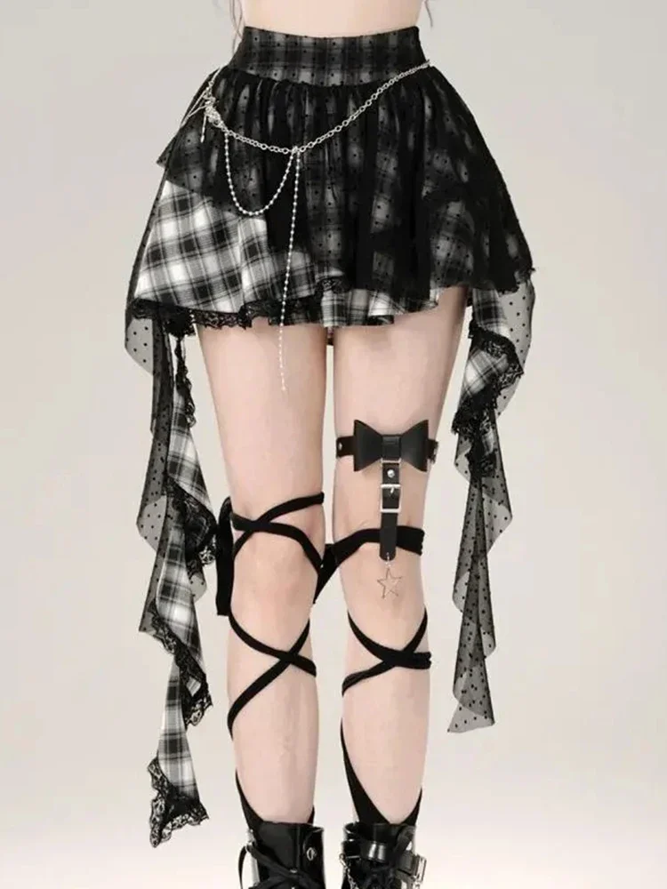 

Harajuku Y2K клетчатая юбка женская винтажная уличная одежда с высокой талией готические мини-юбки ретро кружевная лоскутная женская юбка в стиле панк новая