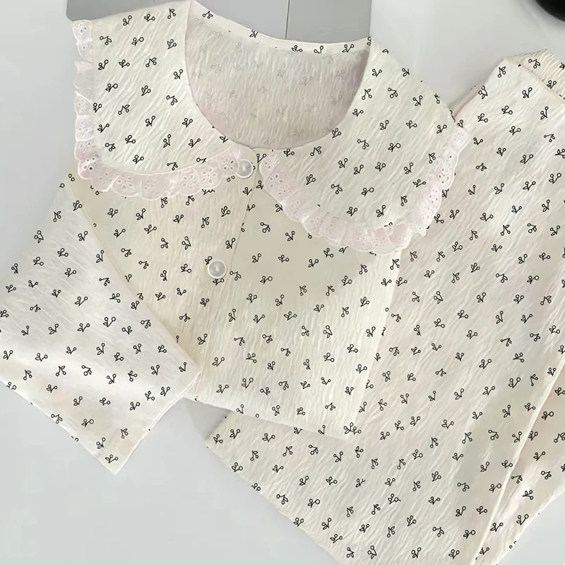 

Simple Small Cherry Print Women's Cloud Cotton Pajamas Korean Sweet Fashion Casual Homewear 2025 Spring Autumn New Sleepwear 2pc