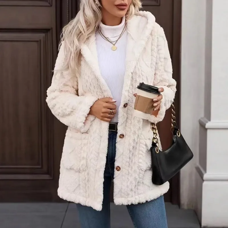 

Solid Color Double-sided Plush Button-up Hooded Cardigan Autumn and Winter Women's Medium and Long Plush Jacket