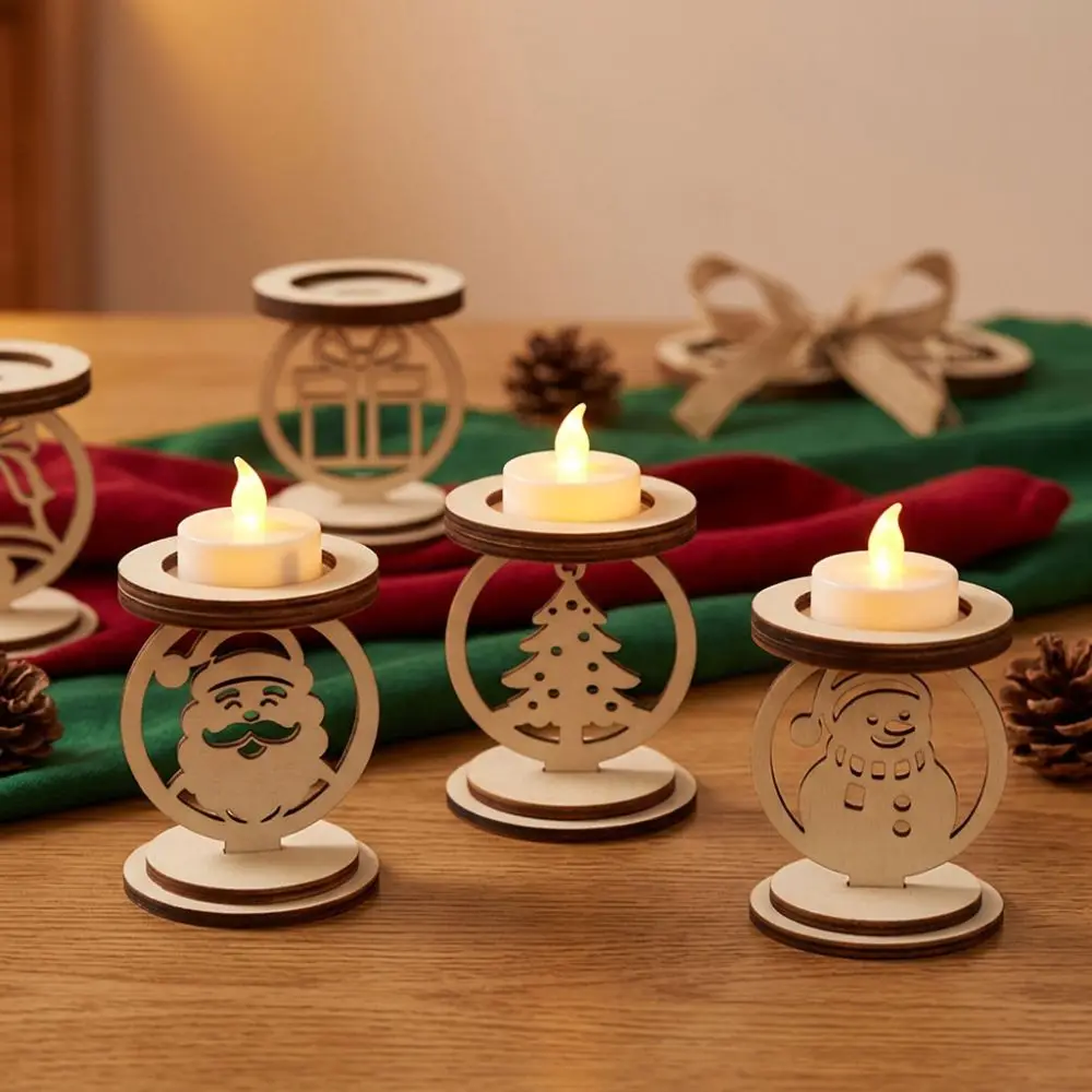 3Pcs Hollowed Out Wooden Christmas Candle Holder Tree Snowman Snowflake Handmade Christmas Tea Light Holder Vintage Bell Pattern