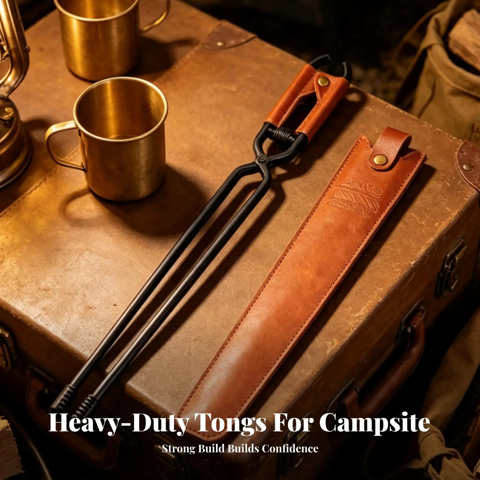 Fire Tongs with Leather Sheath Spring-Loaded Fire Tongs Log Grabber Long-Handled Heavy-Duty for Campers, Camping