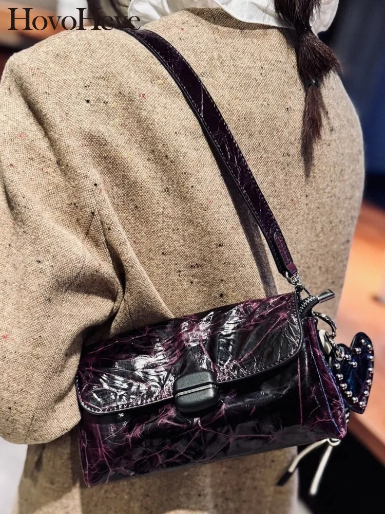 British Genuine Leather Crossbody Bags Rectangle Tassel Heart Decoration Fashion Mixed Color Cowhide Female Buckle Sling Bag