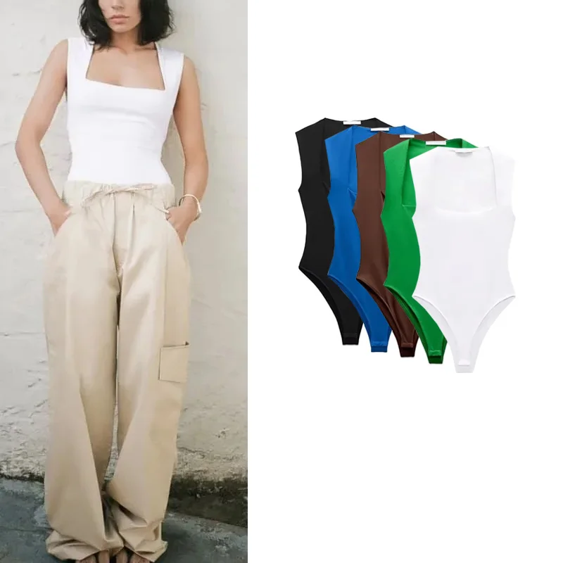

Spring New Women's Slimming Trendy Svel Square Collar One-Piece High Waist ort Pants Polyester Fabric Ensemble