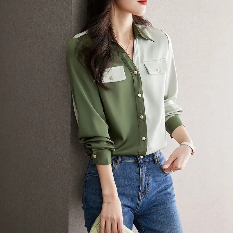 Office Lady Korean Clothing Fashion Long Sleeve Chiffon Shirt Spring Summer Women Casual Versatile Contrast Color Chic Blouse