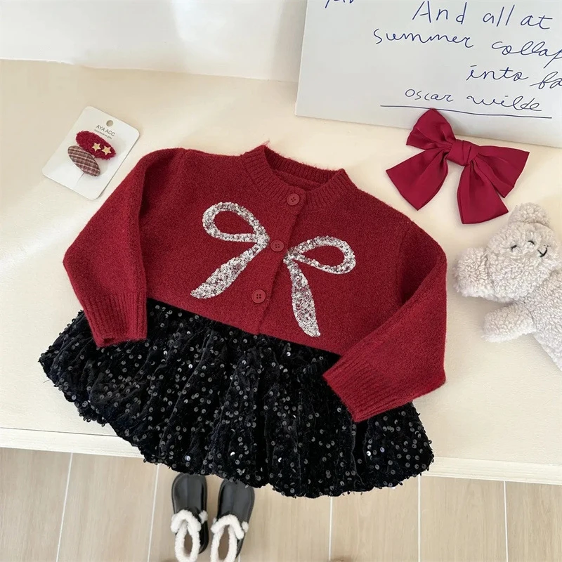 Kids Girls Cute Sweater+Shiny Skirt One Breasted Long Sleeve Bows Knitting Cardigan Coat High Waist A-line Sequins Mini Skirts