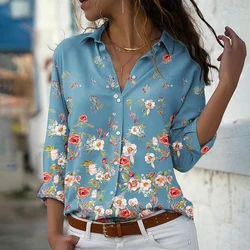 2024 Autumn Women's Flower Print Shirt Fashion Button Top Slim Fit Comfortable Women's Button V-neck Casual Long Sleeve Shirt