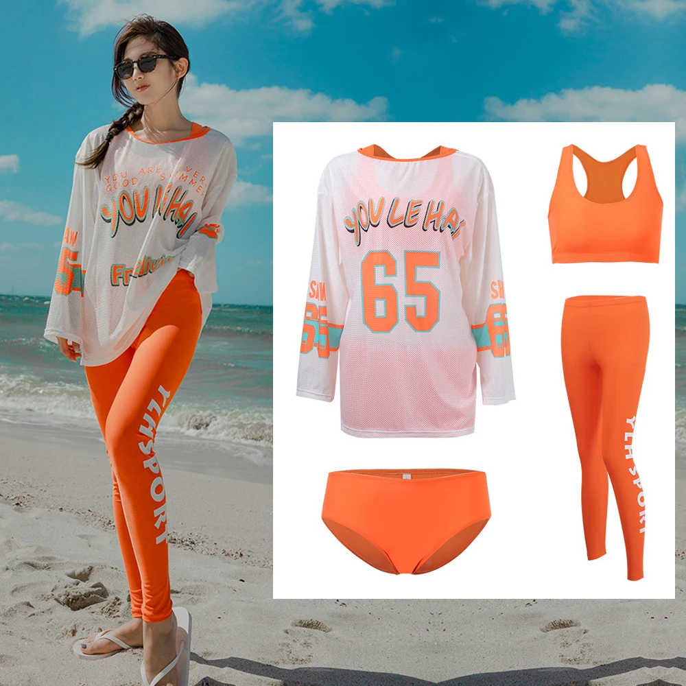 4pcs/set Women\'s Rash Guards Long Sleeve Shirt+Sports Bra+Briefs+Leggings Swimsuit Bikini Beach Swimwear Cover Up Swim Tights