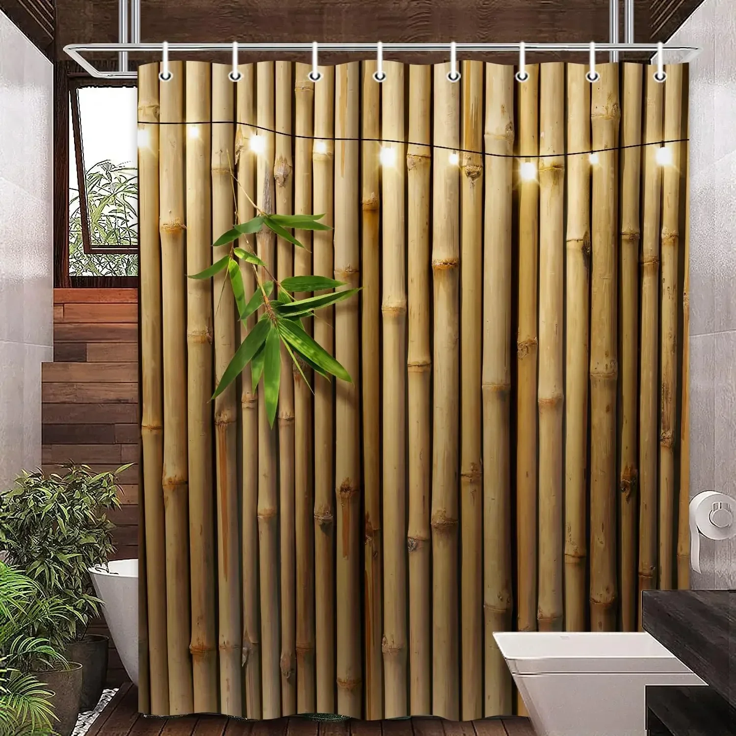 Rustic Outdoor Wall Shower Curtain Brown Camo Vintage Veneer Door Green Leaf Farm Brick Wall Polyester Bathroom Decor Curtains