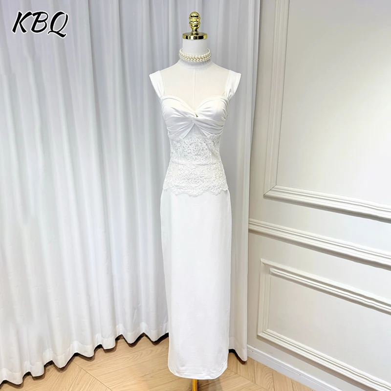 

KBQ Elegant Lace Slim Fit Solid Dresses For Women Square Collar Sleeveless Backless High Waist Temperament Dress Female Fashion