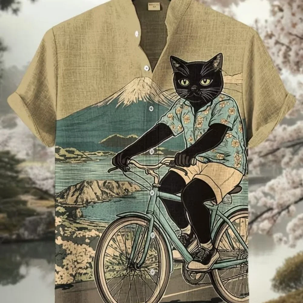 Retro Ukiyo-e Black Cat Riding Mount Fuji Printed Linen Blend Shirt Men's Stand up Collar Short Sleeved Casual Button up Shirt