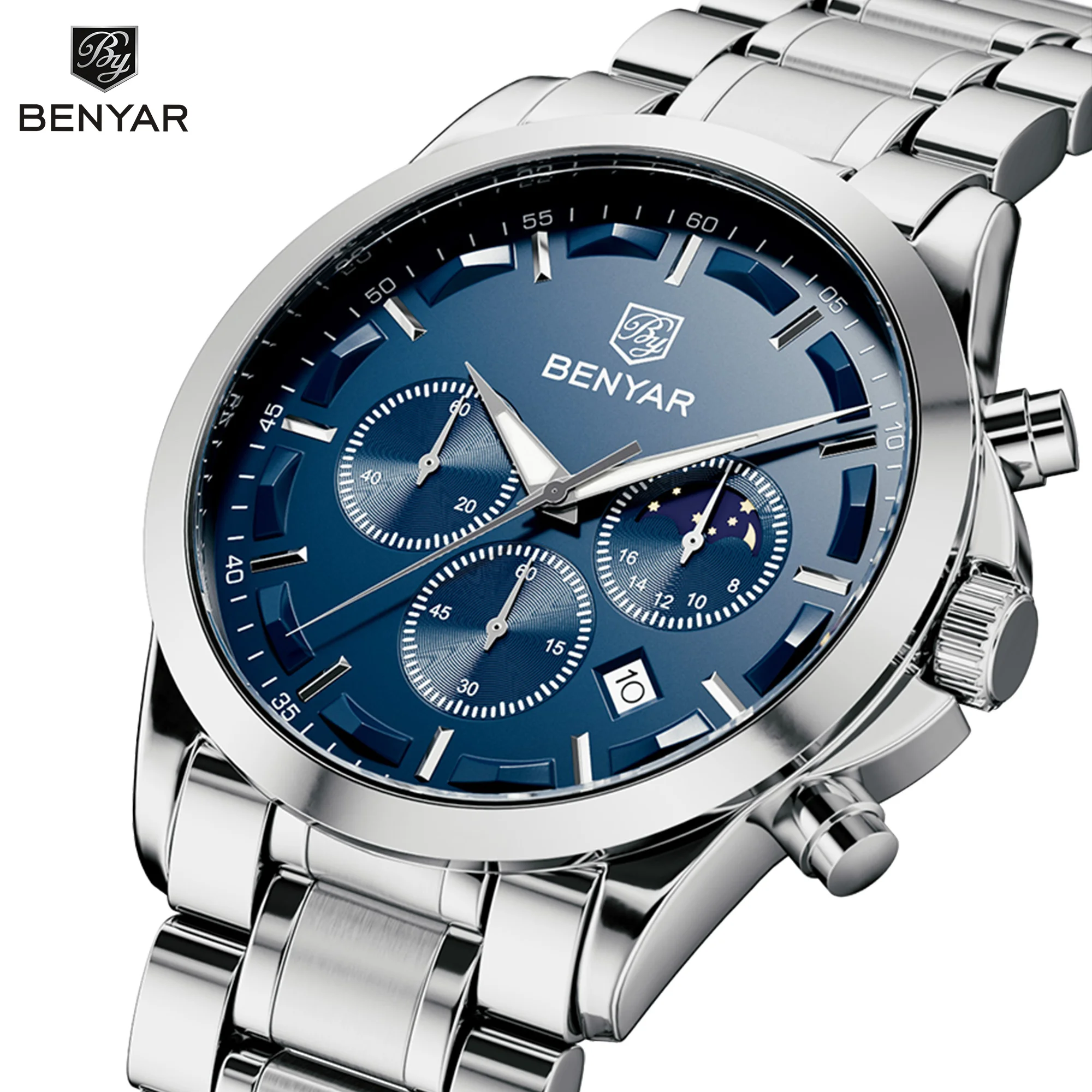 BENYAR Herren Chronograph Uhr, Hardlex Zifferblatt, Edelstahl Armbanduhr, Wasserdichte Business Sportuhr für Männer