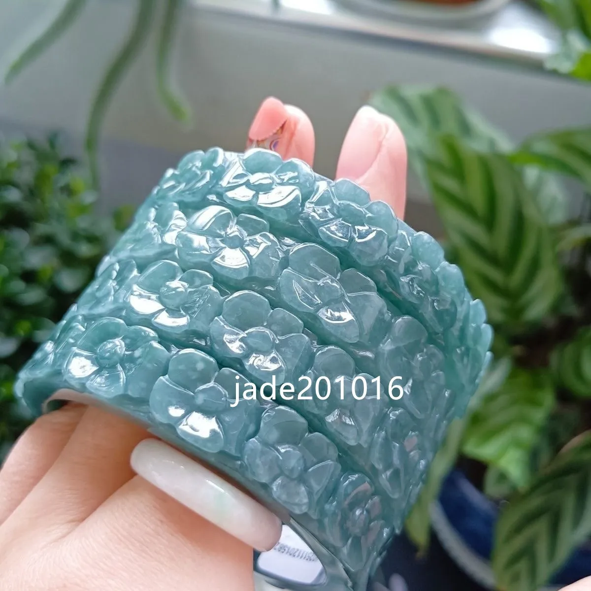 Certified Burma Jadeite Grade A Hand carved peach blossoms bracelet 57mm