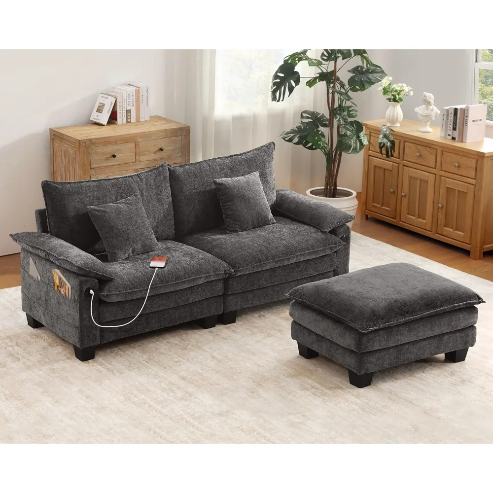 Modular sectional sofa, L-shaped sectional sofa with movable ottoman, USB, comfortable sectional sofa for living room