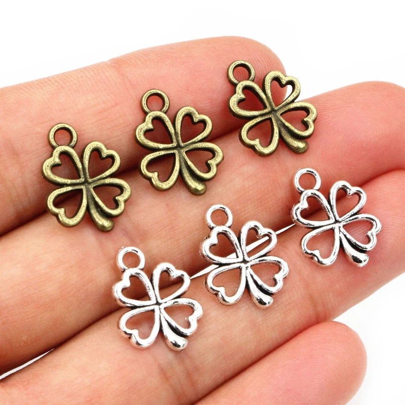 40pcs Bronze Antique Silver Plated Cute Clover Leaf Handmade Charms Pendant DIY Jewelry Making Accessories for bracelet necklace