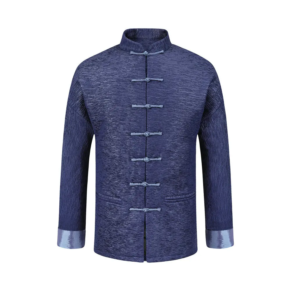 Casaco acolchoado de estilo vintage chinês para homens, tecido enrugado especial, roupas Tangzhuang Hanfu, jaqueta preta de café azul