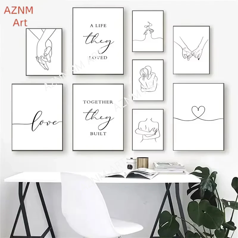 Nordic Schwarz Weiß Paar Linie Poster Romantische Hand Liebe Kuss Wand Kunst Leinwand Druck Malerei Wohnkultur für Schlafzimmer Wohnzimmer