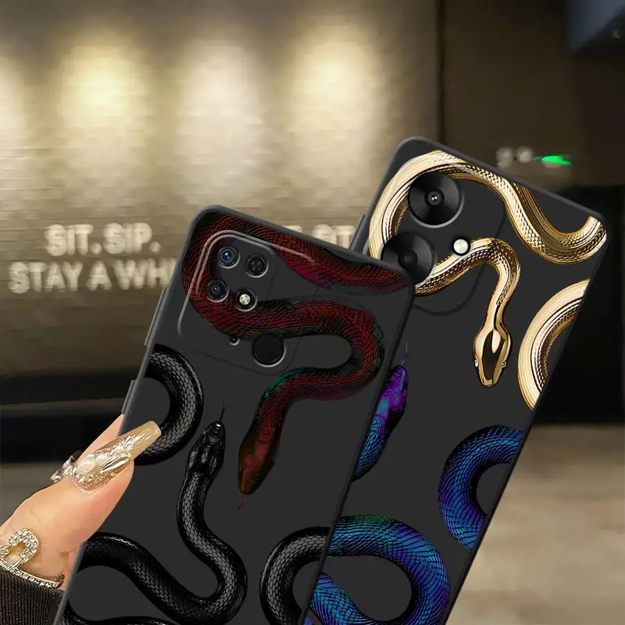 حافظة لهاتف شاومي ريدمي 14C 9 12C A5 A4 13C K40 K80 Pro A3 10 A1 A2 Plus غطاء هاتف ناعم أسود فاخر على شكل ثعبان جرافيك