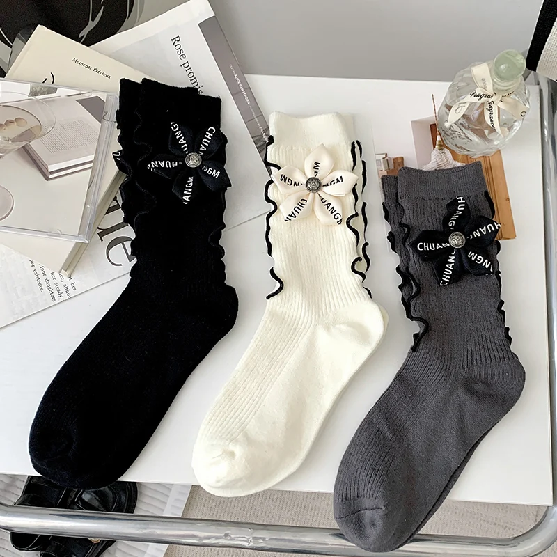 JK Lolita Fungus Edge Socks for Women Cute Floral Lace Mid-calf Socks Spring Autumn Japanese College Style Streetwear Hosiery