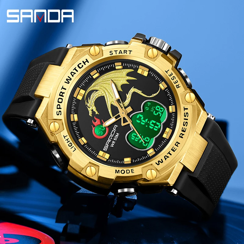 

SANDA 2023 Brand Men's Sports Fashion Fitness Watch Dual Display Analog Digital Wristwatches Men Waterproof Wristwatch 3171