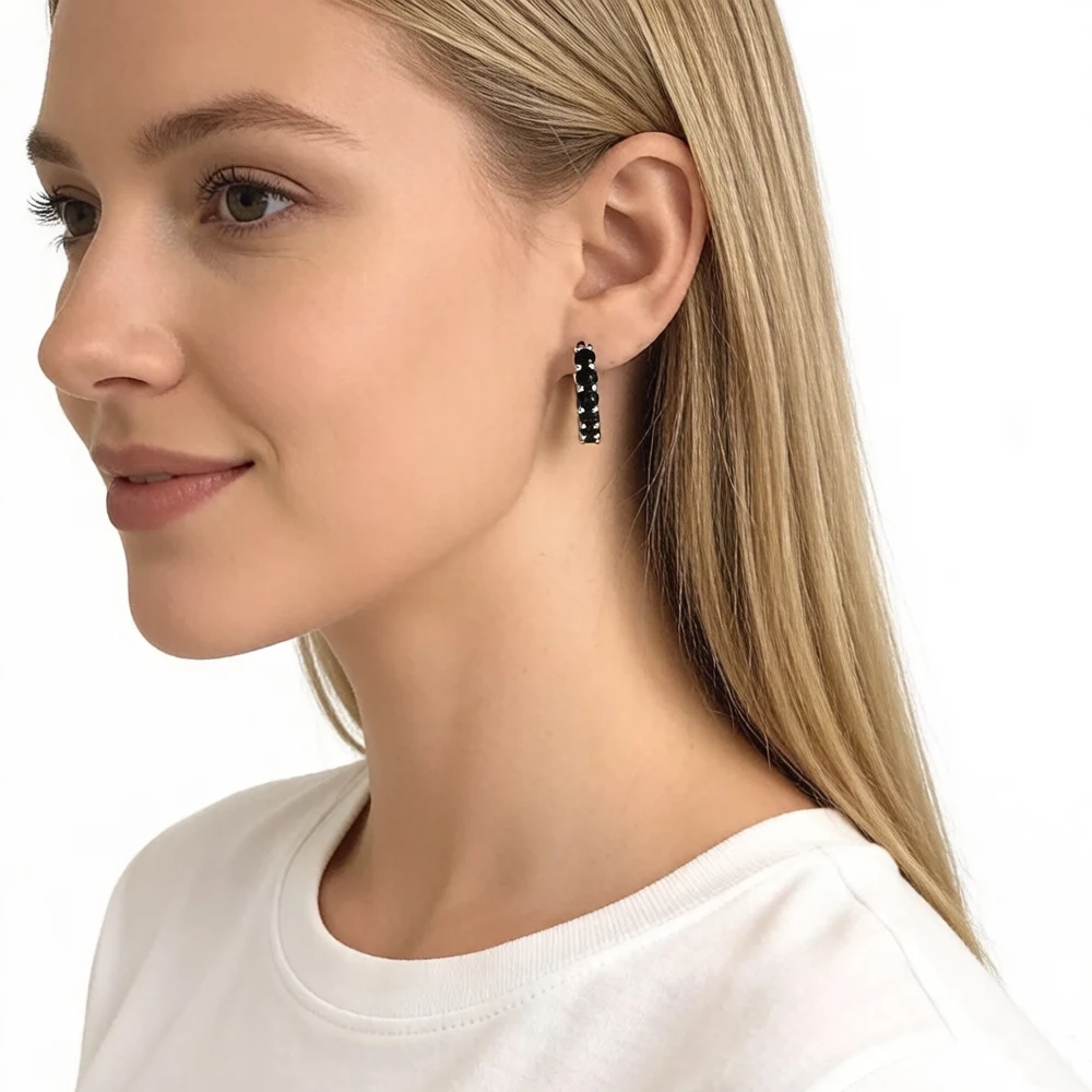 Creole Black CZ Hinged Hoop Earrings Gift In 925 Sterling Silver Europe Style Glam Trendy Fine Jewerly For Women