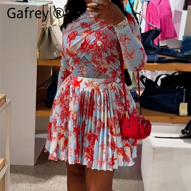 

Women Designer Printed Two Piece Set Summer Fitted Long Sleeve Top Pleated Midi Skirt Elegant Slimming Office Vacation Outfit
