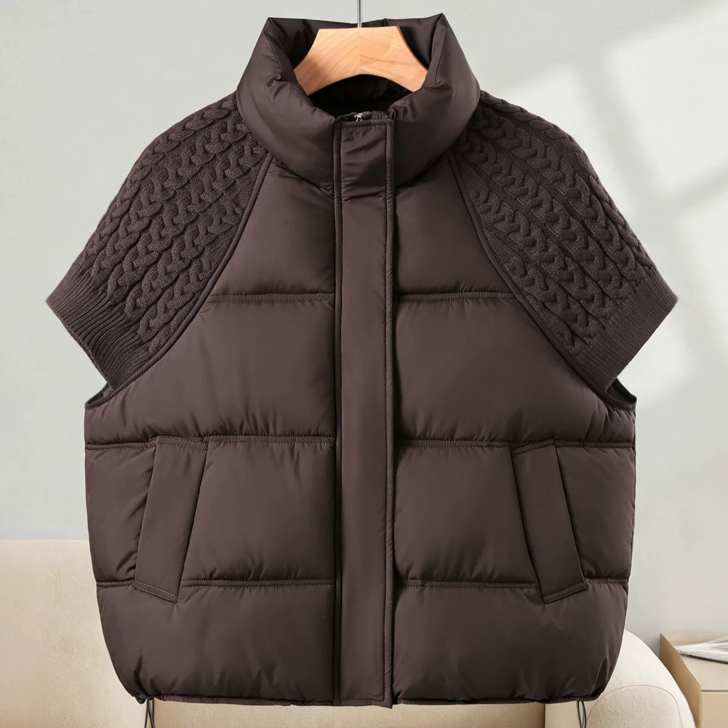 Women Stand Collar Knit Spliced Down Cotton Puffer Vest Drawstring Hem Loose Quilted Waistcoat Autumn Winter Casual Outerwear