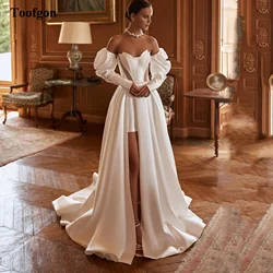 Toofgon Satin Wedding Dresses Detachable Long Sleeves Mini Lining Slit Formal Bridal Gowns Long Train Wedding Gowns Customized