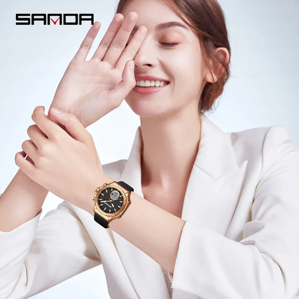 ساعة SANDA SD9103 الإلكترونية النسائية مع شاشة مزدوجة رياضية متعددة الوظائف مقاومة للماء وإضاءة ليلية