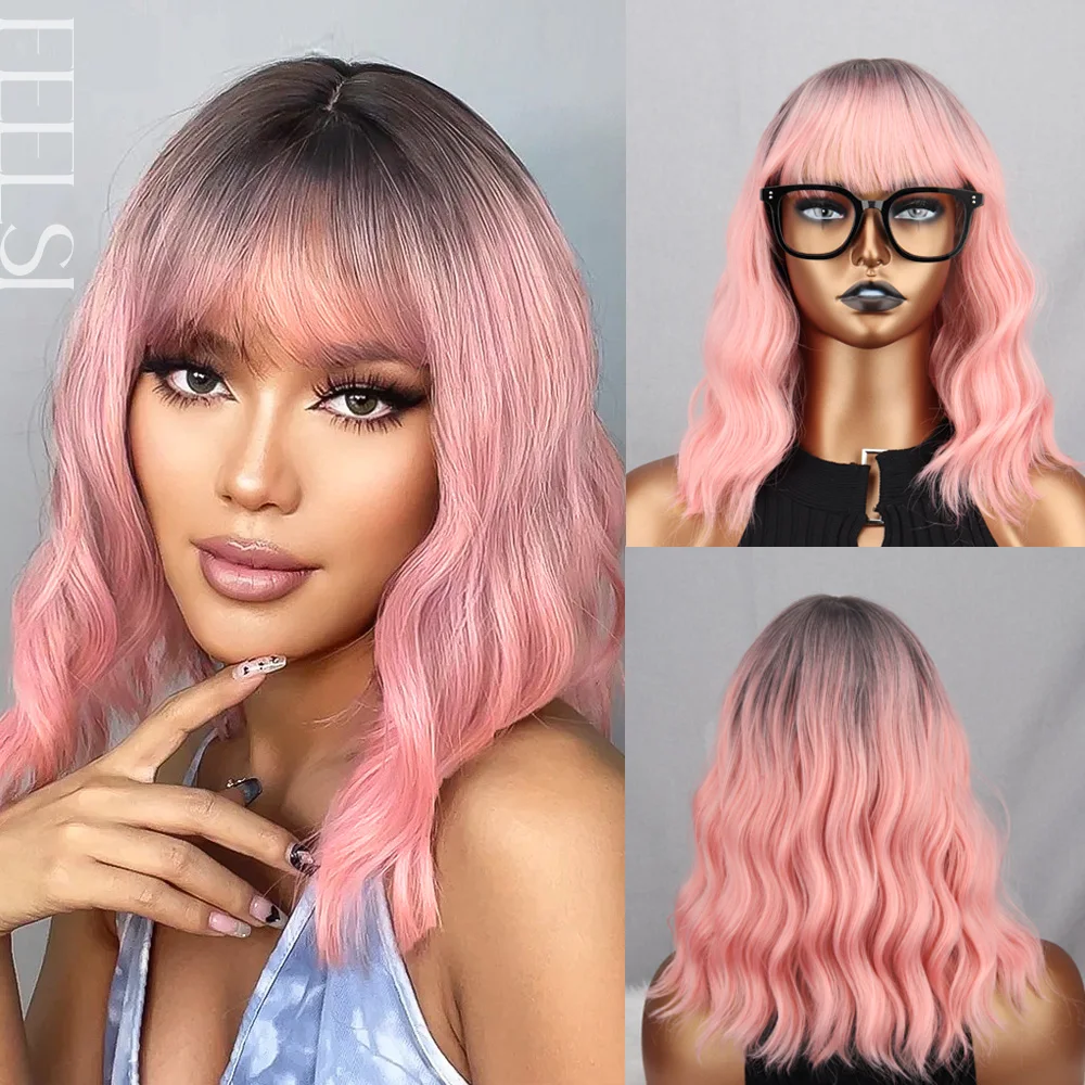 

Short Bob Green Synthetic Wig Women's Bangs Dark Blue Pink Black Wig Lolita Party Cosplay Everyday Use Natural Hair