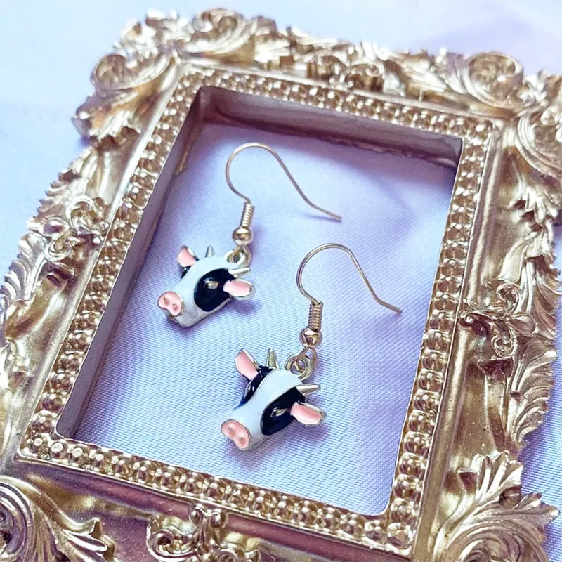 1 Pair Cool and Quirky Black and White Enamel Bull Head Handcrafted Drop Earrings 18k Gold Plated Hooks Cow Jewelry Gift for Her