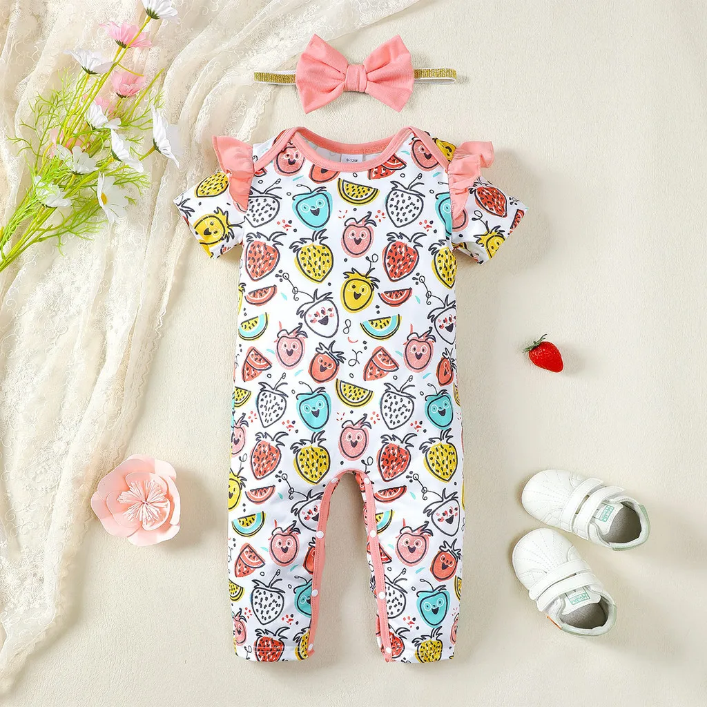 Bodysuit for Newborn Baby Girl 0-18Months 2PCS Fruit Print Pattern Romper Infant Girl Summer Short Sleeved Comfortable Jumpsuit