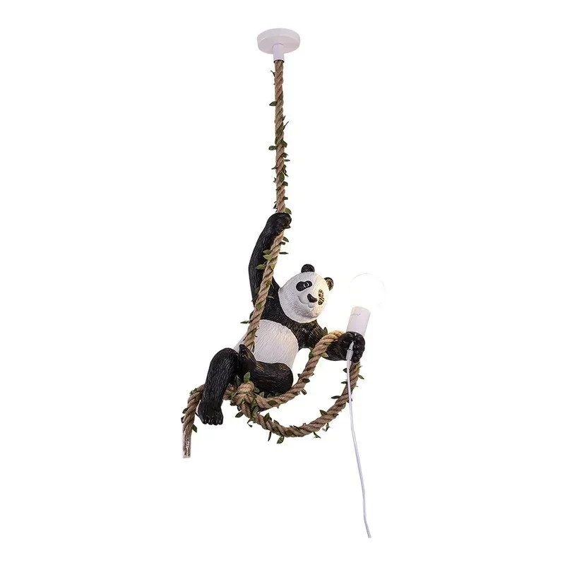 Vintage Resin Panda Chandelier lighting Nordic Hemp Rope Panda Chandelier Zoo Decorative Light Fixtures Bar Industrial Lamp