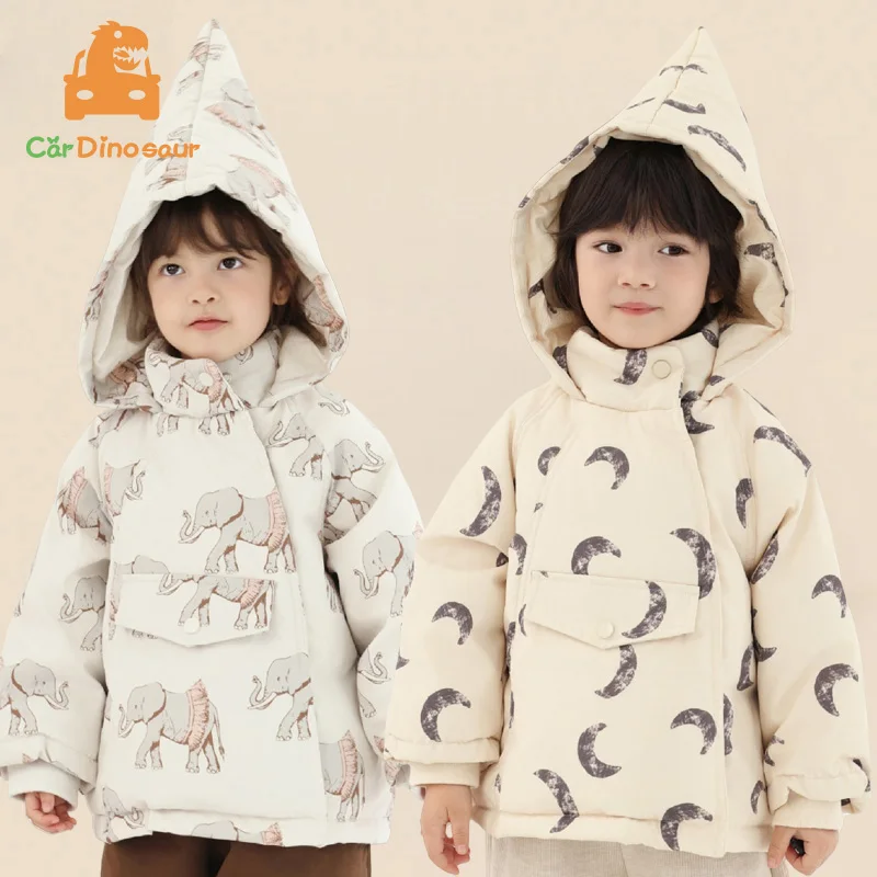 

2025 Winter European American Style 1 2 3 4 5 6 8 Years Kids Coat Baby Girl Boy Full Print Duck Down Thickening Hooded Jacket