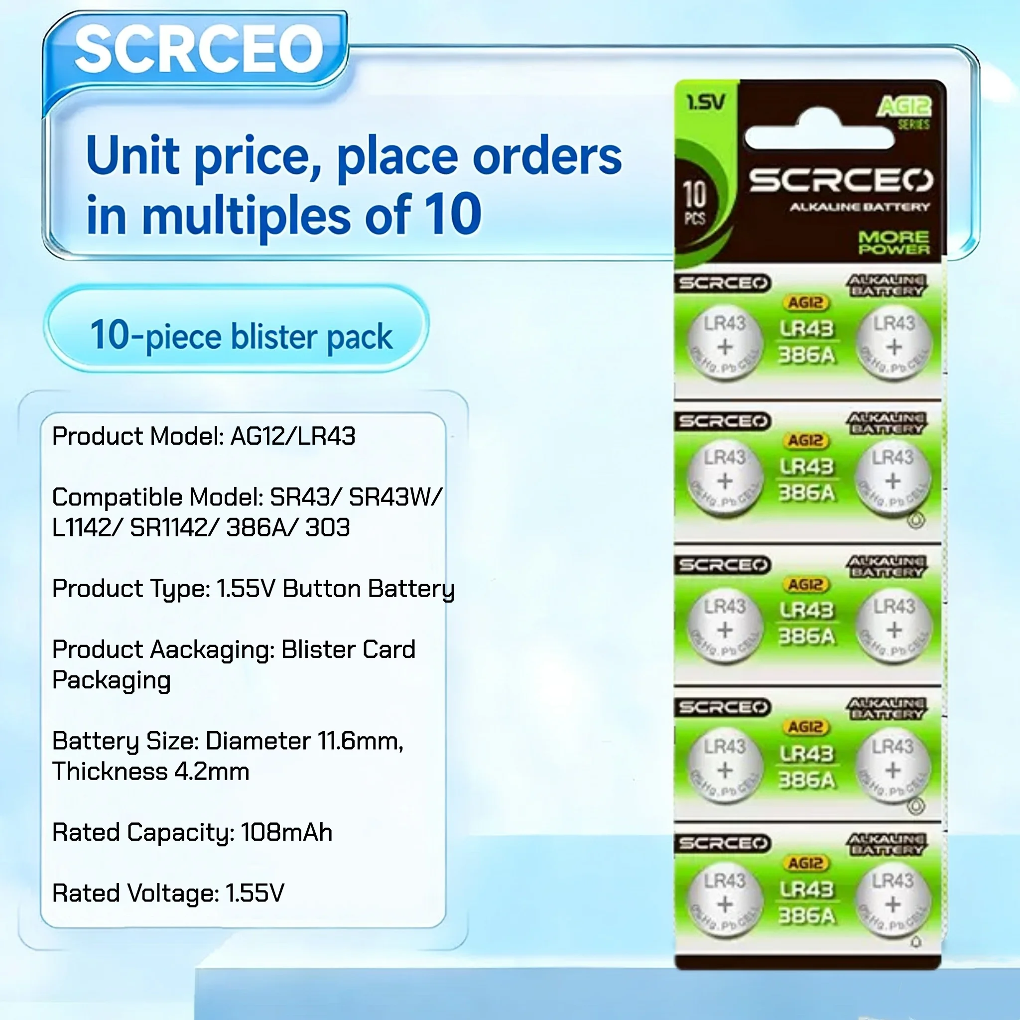 10-100PCS AG12 LR43 1.55V Coin Cell Batteries Replace for SR43 SR43W L1142 SR1142 386A 303 Button Battery for Watch Car Key Toys