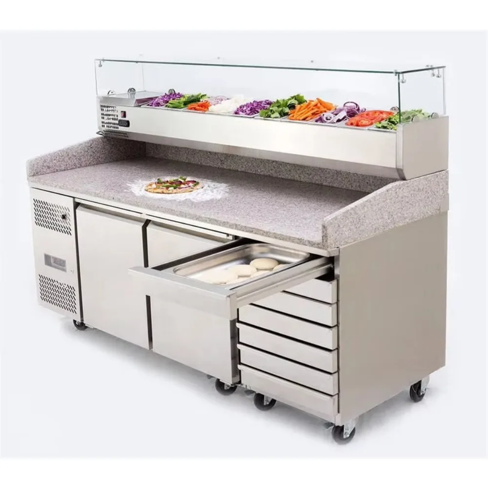 OEM 201 Stainless Steel Single-Temperature Air Cooling Pizza Chiller Fridge Salad Bar Prep Table Top Display Drawer Spreading - view 2