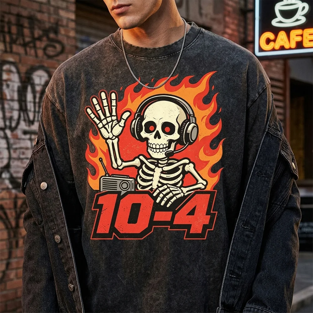 Men T Shirt Skeleton Flame Headphone 10 4 Graphic Print Charcoal Acid Wash Short Sleeve Cotton Oversized Casual Streetwear Tops