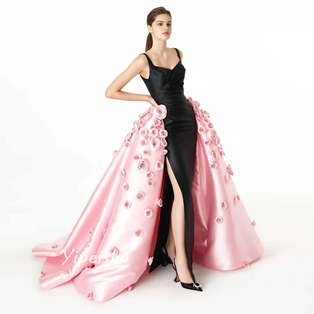 Exquisite Formal V-Neck Ball gown Flowers Draped Floor-Length Satin Bespoke Occasion Dresses Evening 