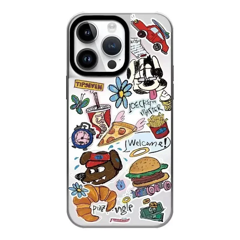 Graffiti Dog Silver Border iPhone 12 13 14 15 16 Pro Max Mirror Surface MagSafe Case Cover Shell