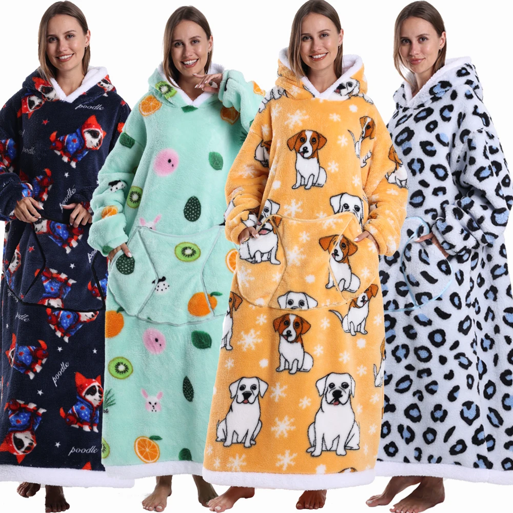 Oversized Wearable Blanket Hoodie For Adults Soft Flannel Hooded Blanket With Sleeves Big Pocket Long Throw Robe For Home Lounge