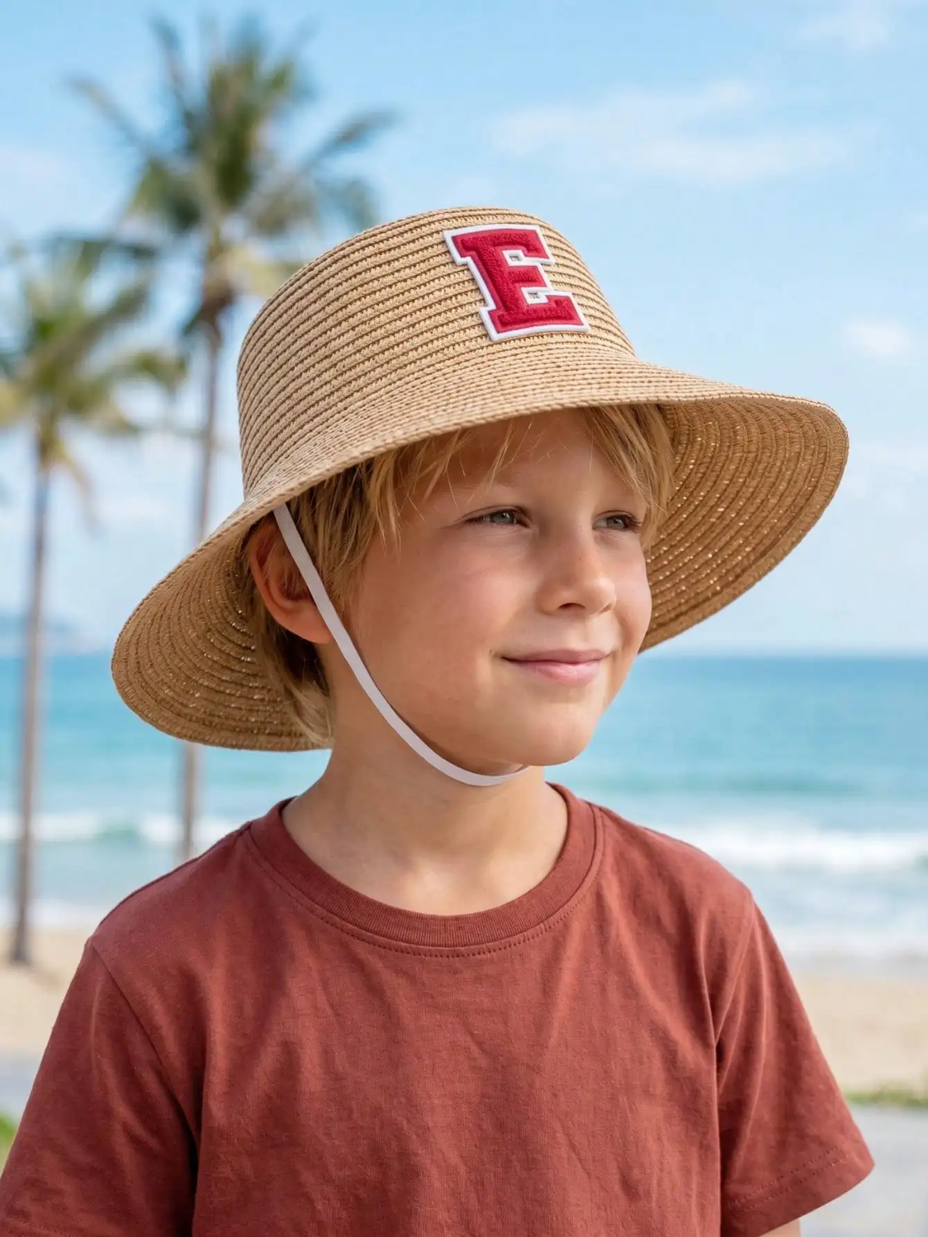 1Pc 3-8Y Boys Coffee Bow Straw Hat Woven Sun Hat Breathable Outdoor Beach Summer Shade Cap for Kids Daily Play Travel - view 2