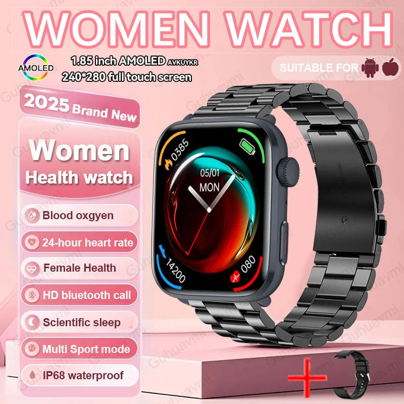 GUHUAVMI 2025 neue NFC-Smartwatches für Damen, 1,85 Zoll AMOLED-HD-Bildschirm, IP68, wasserdicht, Herzfrequenz-Tracker, BT-Anruf-Smartwatch 7