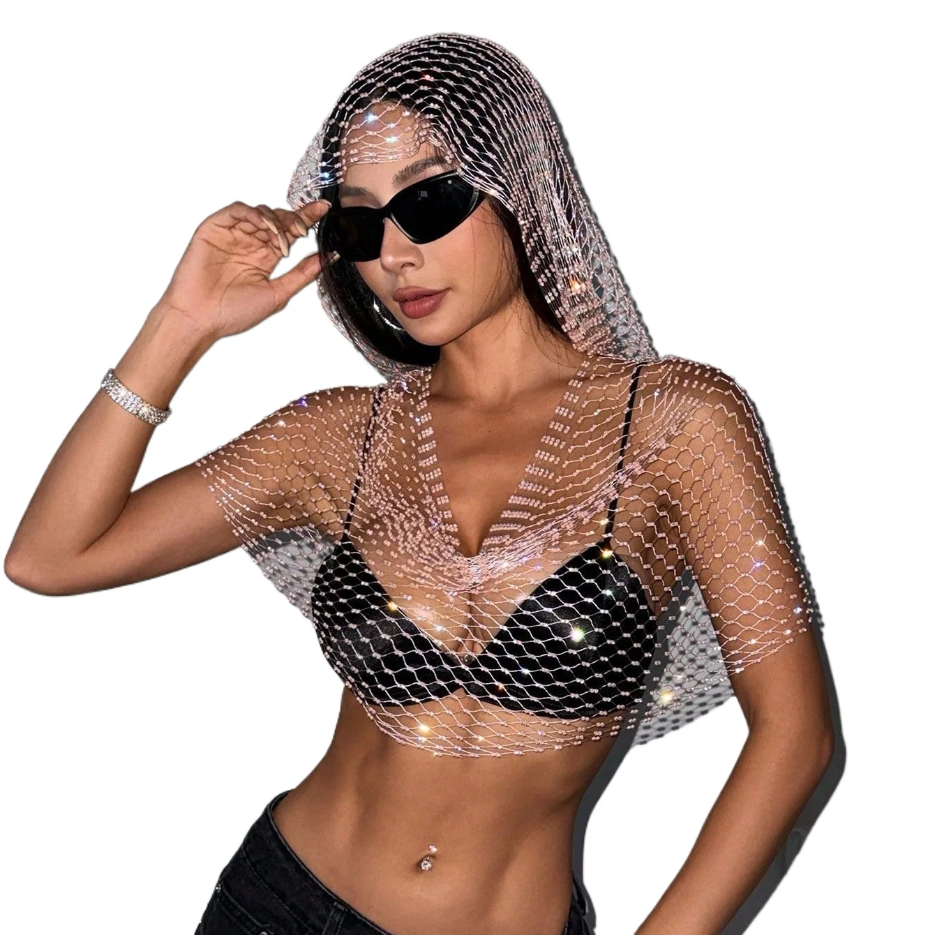 

New Women's Clothing Mesh Rhinestone Fishing Net Top Sweet and Spicy Flash Diamond Hooded Vest